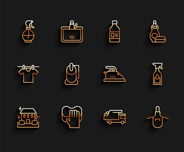 Set line Servicio de limpieza para el hogar, Limpieza, Botella de pulverización de agua, Camión de basura, Delantal de cocina, Rollo de papel higiénico e icono de hierro eléctrico. Vector — Vector de stock