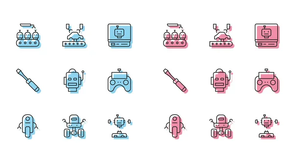 Set line Robot, Mars rover, Průmyslová výroba robotů, Rozebrané, Dálkové ovládání, Šroubovák a Robotické rameno tovární ikona. Vektor — Stockový vektor