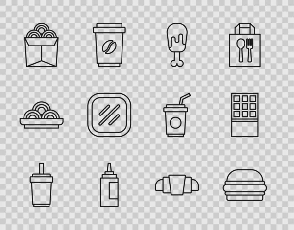 Σετ γραμμή γυαλί χαρτί με άχυρο, Burger, πόδι κοτόπουλου, σάλτσα μπουκάλι, Noodles σε κουτί, Μπριζόλα κρέας, κρουασάν και σοκολάτα εικονίδιο μπαρ. Διάνυσμα — Διανυσματικό Αρχείο