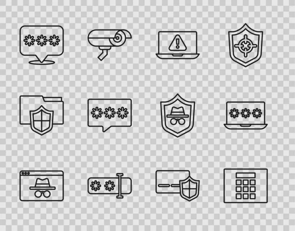 Set line Browser inkognito Fenster, Passwortschutz, Laptop mit Ausrufezeichen, Kreditkartenschild und Passwortsymbol. Vektor — Stockvektor