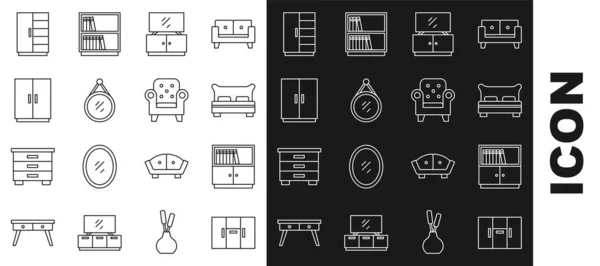 Set line Armario, estantería de la biblioteca, cama grande, soporte de mesa de TV, espejo, y el icono del sillón. Vector — Vector de stock