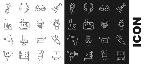 Set Tetris, Füllfederhalter, Armbanduhr, Brille, Joystick, Lippenstift, Ohr mit Ohrring und Symbol. Vektor — Stockvektor