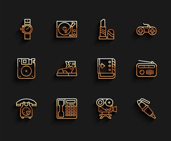 Set line Teléfono inalámbrico, Reloj de muñeca, Cámara de cine retro, Pluma estilográfica, Zapatillas deportivas, Radio con antena y sonido icono del controlador mezclador. Vector — Archivo Imágenes Vectoriales