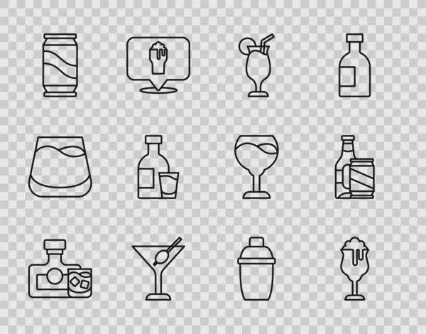 Linea Set Whisky bottiglia e bicchiere, Bicchiere di birra, Cocktail, Martini, Birra lattina, Bottiglia vodka con, shaker e icona. Vettore — Vettoriale Stock
