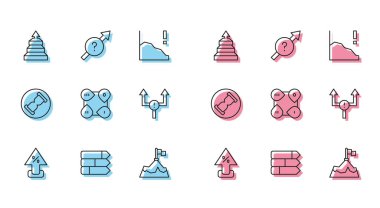 Satır Percent yukarı ok, turta grafiği, piramit bilgi grafikleri, bayrağı olan dağlar, Infographic element, Arrow, Eski kum saati kum ve simge. Vektör
