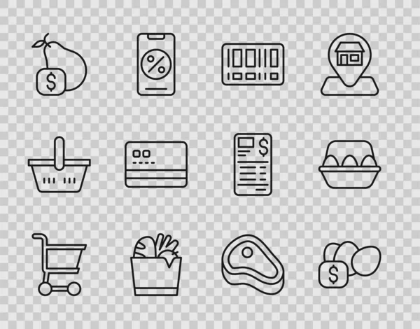 Ställ in rad Shopping cart, Price tag for egg, Barcode, bag and food, pear, Credit card, Steak meat and Chicken box icon. Vektor — Stock vektor