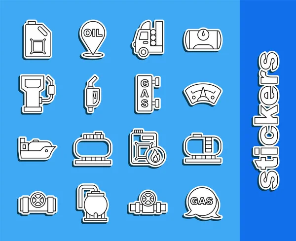 Set line Standort und Tankstelle, Öltank Lagerung, Motoranzeige, Gas für Fahrzeug, Benzinpumpe Düse, Benzin, Kanister Motoröl und Füllsymbol. Vektor — Stockvektor