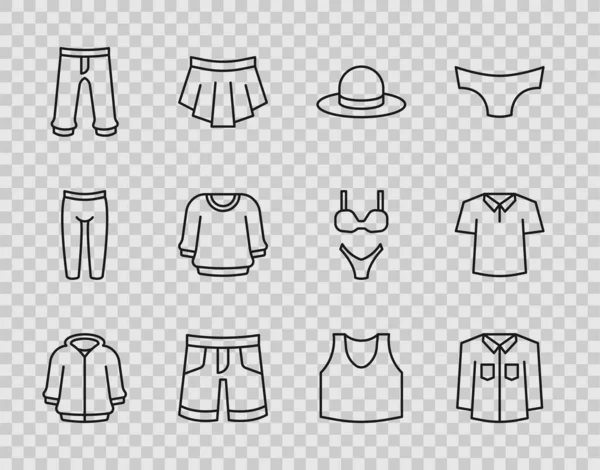 Set line Sudadera con capucha, Camisa, Sombrero de hombre, Pantalones cortos o pantalones, Pantalones, Jersey, Camisa interior e icono. Vector — Archivo Imágenes Vectoriales