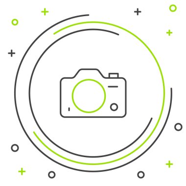 Çizgi fotoğraf makinesi simgesi beyaz arkaplanda izole edildi. Foto kamera. Dijital fotoğrafçılık. Renkli taslak konsepti. Vektör