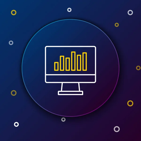 Linje Datorskärm med diagram ikonen isolerad på blå bakgrund. Rapportera textfilsikonen. Bokföringsskylt. Revision, analys, planering. Färgstarkt skisskoncept. Vektor — Stock vektor