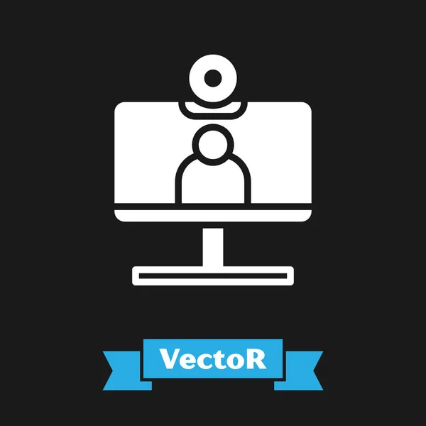 Icono de videoconferencia en blanco aislado sobre fondo negro. Ordenador con interfaz de chat de vídeo sesión activa en pantalla. Ilustración vectorial — Vector de stock