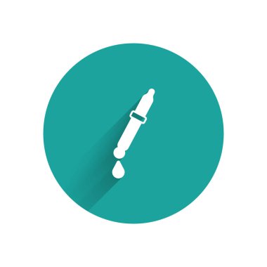 Beyaz Pipette simgesi uzun gölge arkaplan izole. Tıbbi elementler, kimya laboratuarı ekipmanları. Damlalı boru. Tıp sembolü. Yeşil daire düğmesi. Vektör