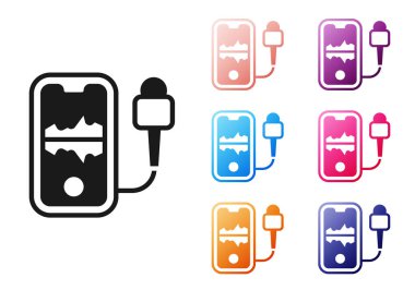 Siyah Mobil kayıt simgesi beyaz arkaplanda izole edildi. Mikrofonlu cep telefonu. Ses kaydedici uygulama akıllı telefon arayüzü. Simgeleri renklendirin. Vektör