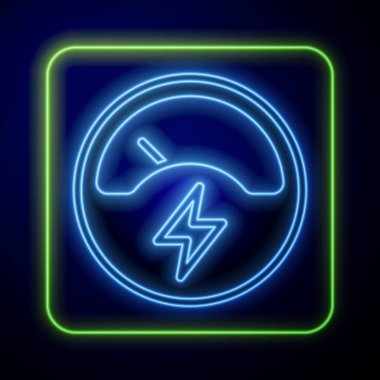 Parlayan neon Ampere ölçer, multimetre, voltmetre ikonu mavi arkaplanda izole edilmiş. Elektrik akımını ölçmek için araçlar. Vektör