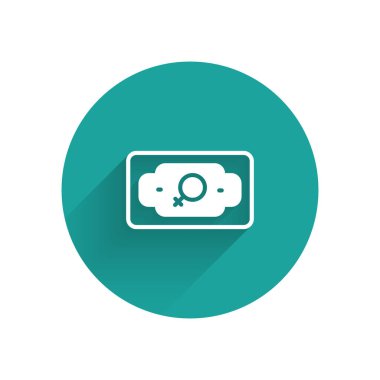 Beyaz Para Büyüyen Kadın simgesi uzun gölgeli bir arka plan ile izole edilmiş. Gelir kavramı. İş büyümesi. Yatırım, tasarruf ve para yönetimi. Yeşil daire düğmesi. Vektör