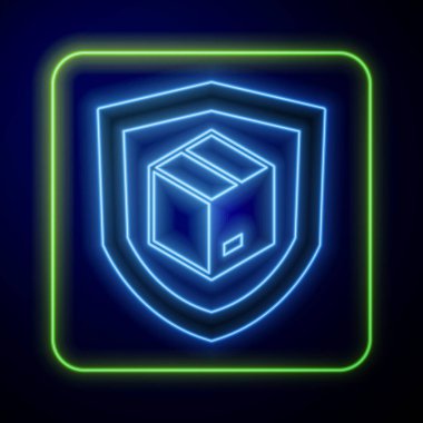 Parlayan neon teslimat güvenliği ve mavi arka planda izole edilmiş kalkan ikonu. Teslimat sigortası. Kalkanın ötesinde sigorta kutuları var. Vektör