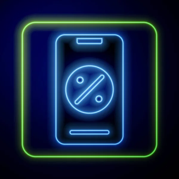 Glowing neon Percent discount and mobile phone icon isolated on blue background. Sale percentage - price label, tag. Vector — Stock Vector