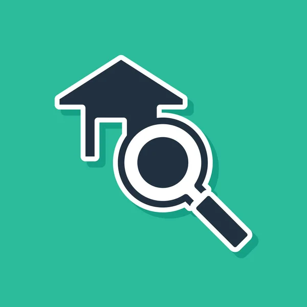 Blue Search house icon isolated on green background. Real estate symbol of a house under magnifying glass. Vector — Stock Vector