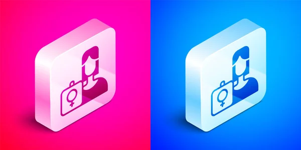 Isometric Female movement, feminist activist with banner and placards icon isolated on pink and blue background. Feminist rights movement, feminism sisterhood. Silver square button. Vector — Stock Vector