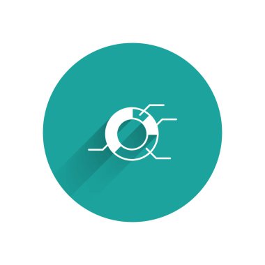 Beyaz Pasta grafiği bilgi simgesi uzun gölge arkaplanı ile izole edildi. Diyagram çizelgesi. Yeşil daire düğmesi. Vektör