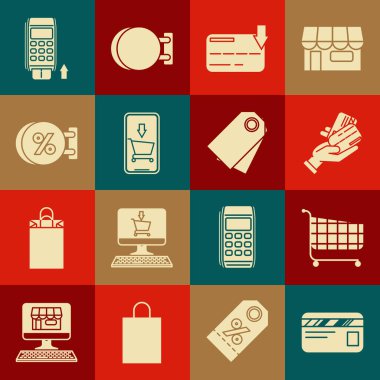 Kredi kartını ayarla, kredi kartıyla insan elini tut, cep telefonu alışverişi, yazı tahtasına asılma indirimi yüzde, Pos terminali yerleştirildi ve boş etiket fiyat etiketi simgesi etiketi simgesi. Vektör