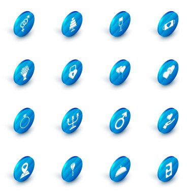 Kalpli düğün pastası, bir kadeh şampanya, iki kahve fincanı ve, buket çiçekleri, elmas nişan yüzüğü, Castle şekilli, Birbirine bağlı kalpler ve balonlar kurdele ikonu. Vektör