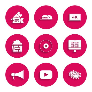 CD ya da DVD diski, Play, Bang boom metin balonu, çevrimiçi sinema bileti, Megaphone, patlamış mısır karton kutu, 4k video teknolojisi ve sinema ikonuyla dizüstü bilgisayar ekranı al. Vektör