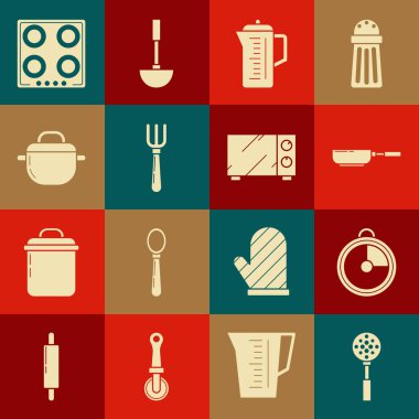 Spatula, mutfak zamanlayıcısı, kızartma tavası, çaydanlık, çatal, yemek pişirme, gaz sobası ve mikrodalga fırın ikonu. Vektör