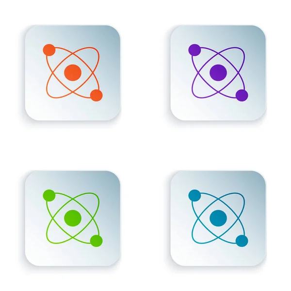 Farbe Atom-Symbol isoliert auf weißem Hintergrund. Symbol für Wissenschaft, Bildung, Kernphysik, wissenschaftliche Forschung. Setzen Sie bunte Symbole in quadratische Tasten. Vektor — Stockvektor