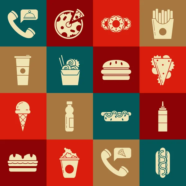 Hotdog sandviçi, hardal, sos şişesi, sandviç, tatlı jöle, karton çubuklarda Asya eriştesi, karton bardak su, yiyecek siparişi ve hamburger ikonu. Vektör — Stok Vektör