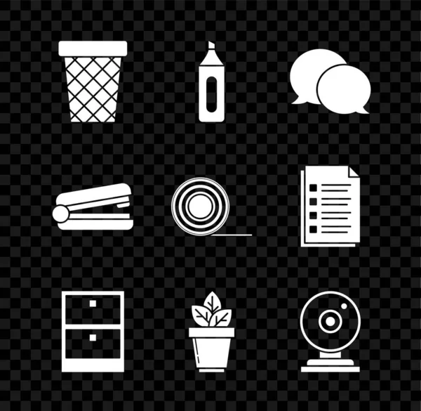 Set Trash can, Marker pen, Speech bubble chat, Archive papers drawer, Flowers in pot, Web camera, Office stapler, Scotch icon. Vector — 스톡 벡터