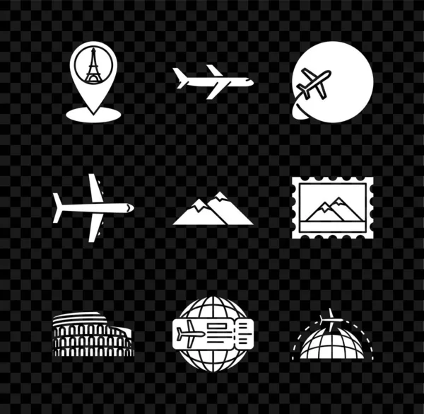Eyfel Kulesi, Uçak, Globe Uçağı, Kolezyum Roma, İtalya, Uçak Bileti ve Dağlar ikonu ile harita işaretleyicisi ayarlayın. Vektör — Stok Vektör