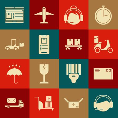 Destek operatörü, Envelope, Scooter teslimatı, uygulama takibi olan cep telefonu, forklift, dizüstü bilgisayar ve demiryolu taşıma ikonu ayarlayın. Vektör