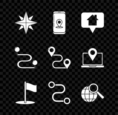 Rüzgar gülü, şehir haritası navigasyon bilgileri, ev haritası işaretçisi, bayrak, rota konumu, büyüteç küresi ve simge. Vektör