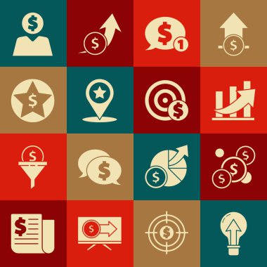 Ampul, madeni para dolar, maddi büyüme ve madeni para, konuşma balonu, harita işaretçisi, yıldız, iş adamı zihin planlama ve hedef sembol simgesi. Vektör