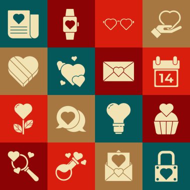Set Lock ve Heart, Takvim 14 Şubat, Kalp şeklinde aşk gözlükleri, Şeker kutusu, Zarif Sevgililer Günü ve ikonu olan düğün pastası. Vektör
