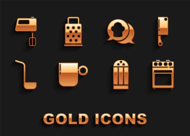 Kahve fincanı, et helikopteri, fırın, tuz, mutfak kepçesi, konuşma balonunda şef şapkası, elektirik karıştırıcı ve rende ikonu. Vektör