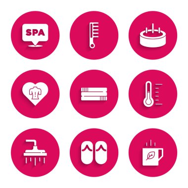 Havlu destesi, terlik, çay ve yaprak, sauna termometresi, duş başlığı, masaj, merdivenli yüzme havuzu ve spa salonu ikonu. Vektör