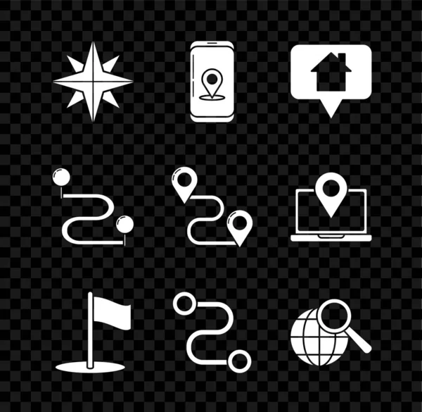 Set Windrose, Infografik der Stadtplan-Navigation, Kartenzeiger mit Haus, Flagge, Routenposition, Lupe und Symbol. Vektor — Stockvektor