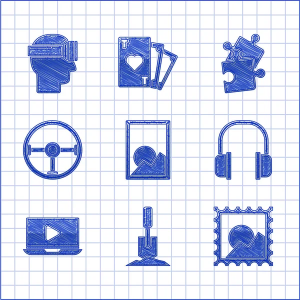 Set Picture landscape, Shovel in the ground, Headphones, Online play video, Steering wheel, Piece of puzzle and Virtual reality glasses icon. Vector — Stock Vector