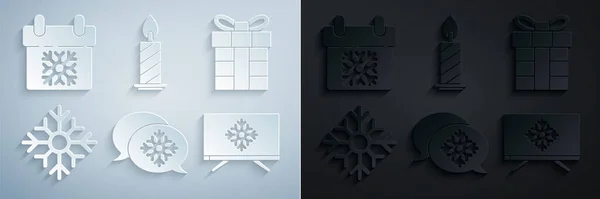 Set Copo de nieve con burbuja de voz, Caja de regalo, Feliz Navidad en la televisión, Vela ardiente en el candelero y el icono del calendario. Vector — Vector de stock