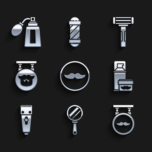 Set Mustache, Hand mirror, Barbershop, Shaving gel foam, Electrical hair clipper shaver, razor and Aftershave bottle with atomizer icon. Vector — Stock Vector