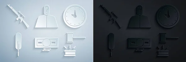 Set Stacks papel moneda en efectivo, Reloj, Pluma pluma, Martillo juez, Anónimo con signo de interrogación y rifle de francotirador icono de la mira. Vector — Vector de stock