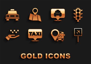 Konumu taksi, trafik ışığı, havaalanı, otobüs, el, taksi ve katlanmış harita konum simgesi ile ayarlayın. Vektör