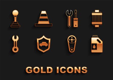 Aracı kalkan, hava filtresi, motor yağı tenekesi, zaman ayarlı kemer kiti, İngiliz anahtarı, tornavida ve anahtar, vites kolu ve trafik konisi simgesi ile ayarlayın. Vektör