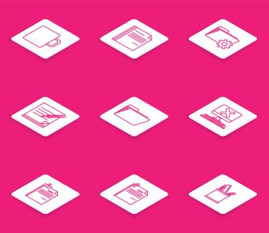 Satır Kahve fincanı, Dosya belgesi, Dizin ayarları, Boş defter ve silgi, Belge klasörü, Bilgisayar klavyesi x işareti, klasör atacı ve kağıt simgesi. Vektör