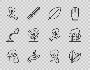 Armut, yaprak, filizlenme, çevre koruma, elma, sulama ve ağaç ikonu ile çizgi ağacı oluşturun. Vektör