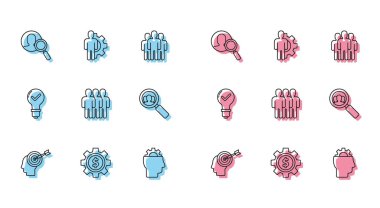 Çizgi başı avlanma konsepti dolar sembollü Gear arama ekibi için büyüteç içerideki insan teçhizatı, kullanıcı grubu, ampul ve işaret ve simge. Vektör