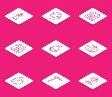 Yakıcı mum, Vampir, Cadılar Bayramı tarihi 31 Ekim, Şişe İksiri, Balkabağı, Hayalet ve Tırpan ikonu ile takvim. Vektör