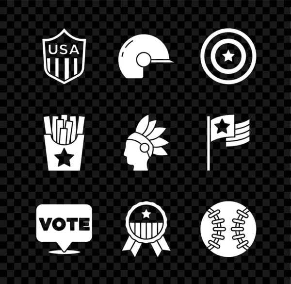 Set Shield con stelle, casco da baseball, scudo americano, voto, medaglia, patate fritte in scatola e icona nativa indiana. Vettore — Vettoriale Stock